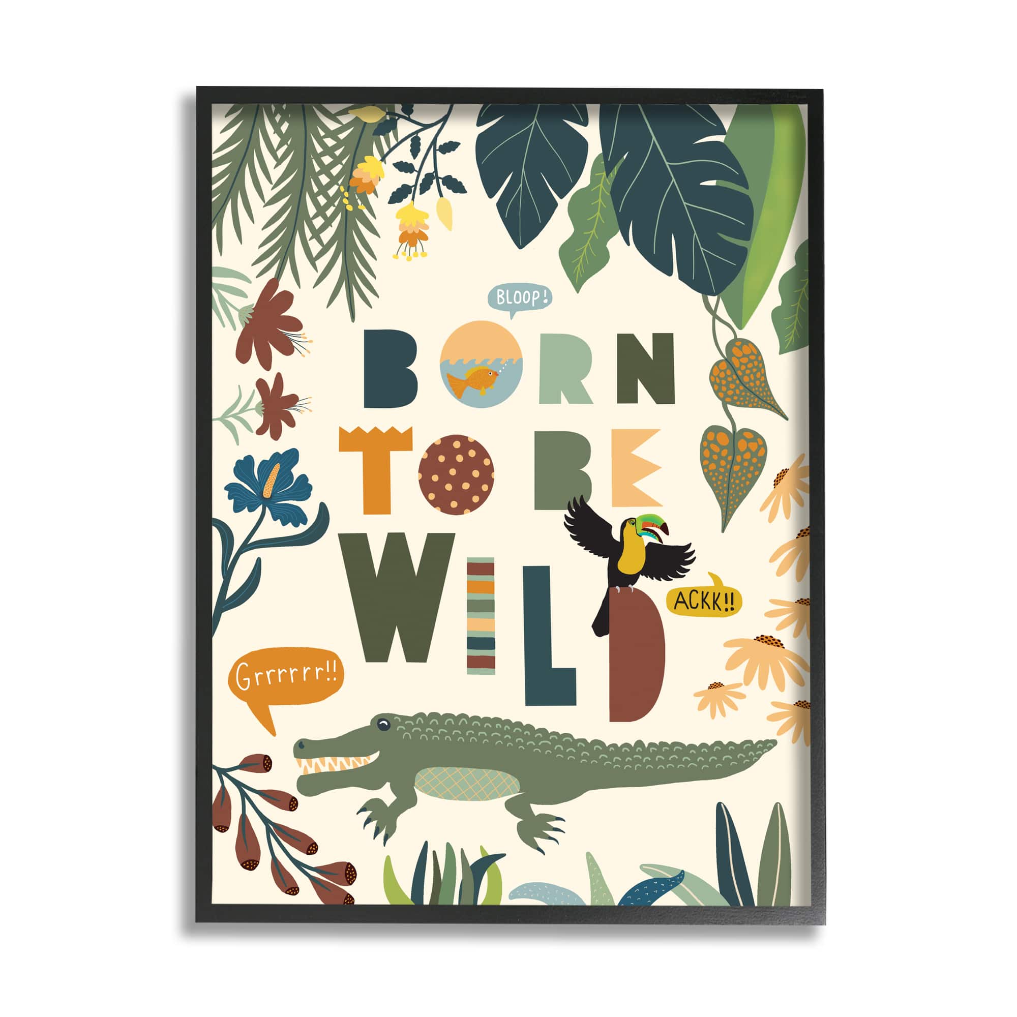 Stupell Industries Born to Be Wild Phrase Tropical Animal Forest Alligator in Frame Wall Art